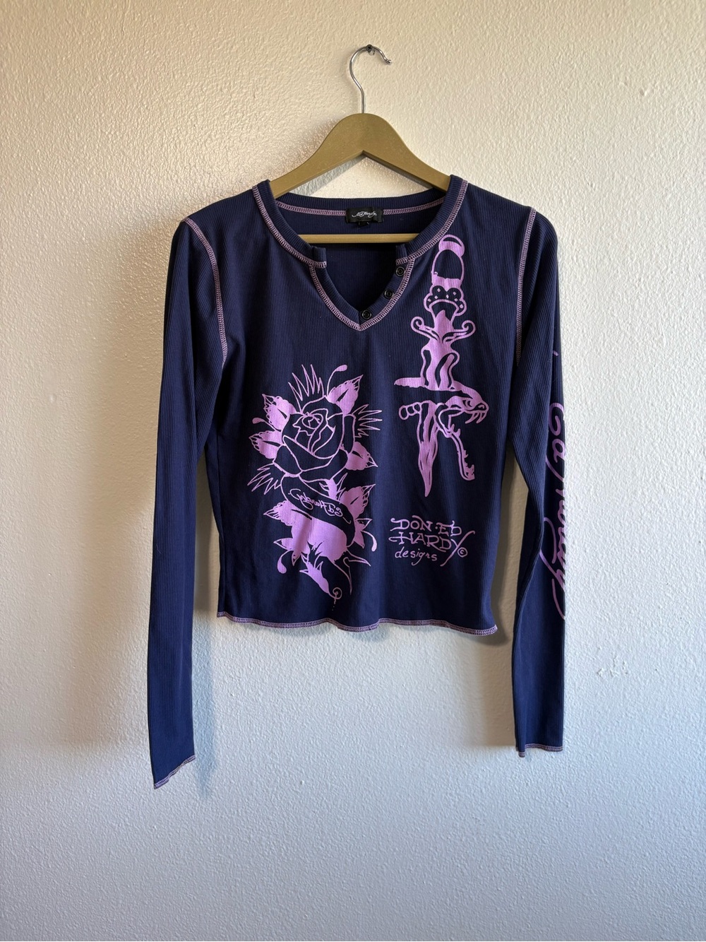 Ed Hardy Size Large Purple Graphic Thermal Shirt Punk Y2K Retro Grunge Goth
